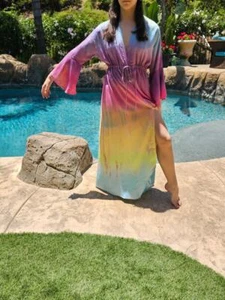 Maya Antonia Hand Tie-Dye Pastel-Rainbow  Buttoned Maxi Dress/Shirt/Bell-Sleeve - Picture 1 of 8