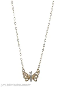 Vintage 14k Yellow White Gold Diamond Butterfly Pendant 17" Rolo Chain Necklace - Picture 1 of 6