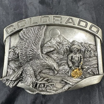 Siskiyou 1984 Hebilla de Cinturón Colorado Oro Pan Pájaro Río Montañas Peltre H-23 EE. UU. Foto 1 de 4