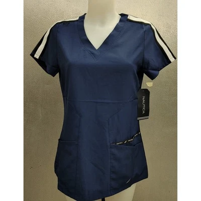 Nautica Women's Scrub Top Medical Uniform Navy Blue White Stripes Size S - Image 1 of 4