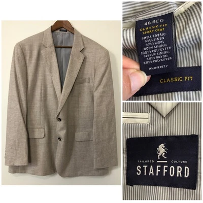 Stafford 48R Classic Fit Linen Wool Sport Coat Beige Blazer Large Quiet Luxury - Image 1 of 4