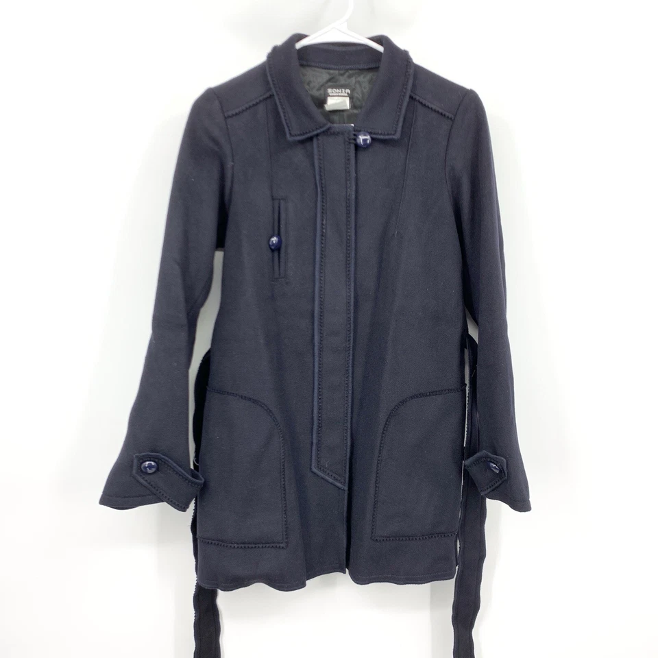 Abrigo Sonia Rykiel Mujer Talla 36 Pequeño Azul 100% Lana Guisante Trench Chaqueta con Cinturón Foto 1 de 4