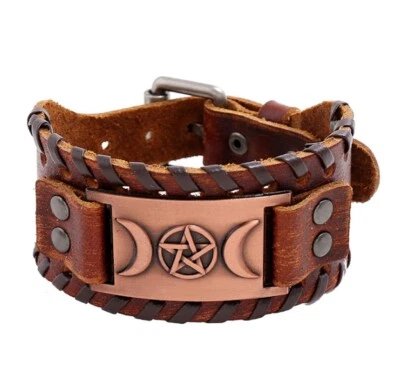 Pulseira/pulseira de couro genuíno Punk Hexagon Star Moon 7"-9.5" - Imagem 1 de 4