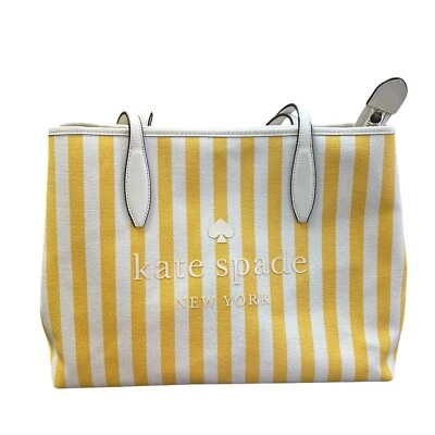 NUEVO CON ETIQUETAS BOLSO DE MANO KATE SPADE NEW YORK STREET AMARILLO BLANCO LONA A RAYAS CUERO Foto 1 de 4