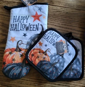 NEU 3 Stck. Happy Halloween Set 2 Küchentopfhalter & Ofenhandschuh Kürbisse gesteppt - Bild 1 von 4