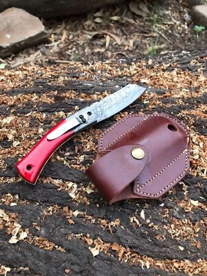 Handmade Damascus Pocket Folding Knife WIth Pakka Wood Handle DK# 0001 - Image 1 of 4