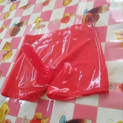 Sexy Man Red Transparent Rubber Latex Shorts Briefs Underwear with Condom BDSM - Image 1 of 4