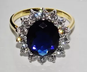 9 Karat Gold & Silber simulierter BLAUER SAPHIR & CZ großer Diana Cluster Ring Größe K - Bild 1 von 7