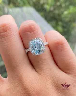 2.95 Ct Cushion Real Aquamarine & Diamond Engagement Ring 14K Solid White Gold - Image 1 of 4