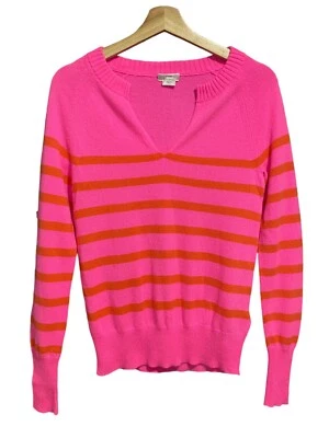 J. Crew Sweater 100% Italian Cashmere XS V-Neck Pullover Hot Pink Orange Stripe - Image 1 of 4
