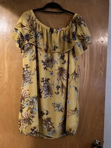 COC Off Shoulder Dress Plus Curvy 1X Mustard Yellow Blue Brown Flowers - Picture 1 of 8