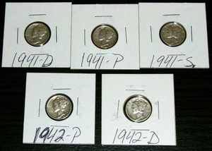 Lot of (5) Mercury Dimes 1941-P, 1941-D, 1941-S, 1942-P, 1942-D, 90% Silver F-VF - Picture 1 of 12