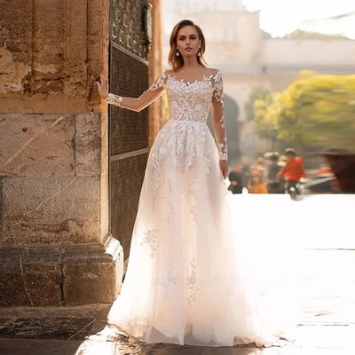 Elegant A-Line Wedding Dresses O-Neck Long Sleeves Lace Appliques Bridal Gowns - Image 1 of 4