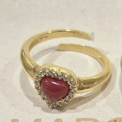 Anello cuore corallo rosso naturale argento 925 placcato oro fatto a mano - Immagine 1 di 4