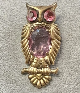 Antique STAMPED Detailed BRASS RHINESTONE Owl BROOCH Pink Jelly Belly 2.75”—602 - Picture 1 of 4
