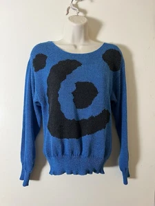 Vintage 80s JESSICA LTD SZ M GRAPHIC PRINT Blue Ramie Blend Knit Crop Sweater - Bild 1 von 8