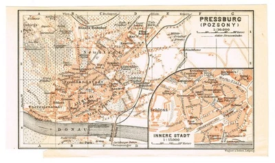 Bratislava 1905  Pressburg  Poszony  Slovakia Hungary Original Vintage Map Print - Image 1 of 4