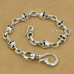 Fish Hook 925 Sterling Silver SKull KeyChain Punk Wallet Chain Accessory 9T014A - Picture 1 of 27