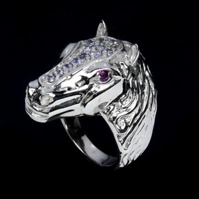 925 Bague en Argent Rond Tanzanite Rhodolite Cheval Gemme Bijoux Taille 8 - Photo 1/4