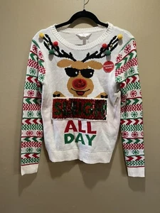 No Boundaries Juniors Christmas Sweater Reindeer Flip Sequins Sleigh All Day -S - Picture 1 of 9
