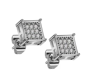 Surgical Steel Iced Square Stud Earrings Hip Hop Stud Paved Earrings Silver - Picture 1 of 3