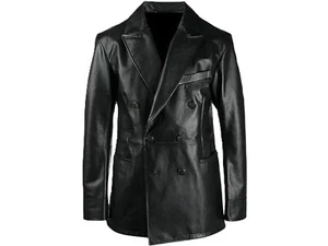 Men's Black Lambskin Leather Blazer Handmade Long Lapel Double Breasted Blazer - Picture 1 of 10
