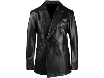 Men's Black Lambskin Leather Blazer Handmade Long Lapel Double Breasted Blazer - Image 1 of 4