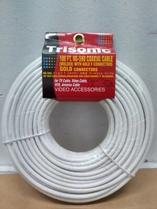 Trisonic 100 Fuß weiß geformt RG-59U Koaxialkabel mit vergoldeten F-Steckern - Bild 1 von 5