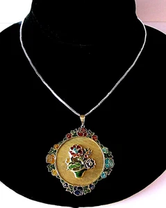 GRAN Collar Colgante Vintage Estate Oro Amarillo 14K Pintado Flor Cesta - Imagen 1 de 3
