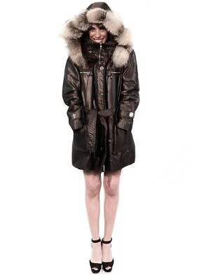 53 PUFFER JACKET BROWN SHINY HOOD DETACHABLE EDGED FOX AND COATING OF PAINT - Image 1 of 4
