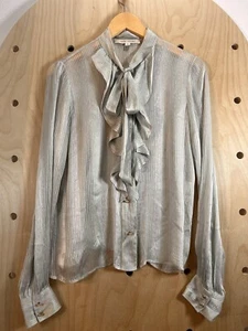 Marc Jacobs Womens Blouse Iridescent Sheer Prairie Silk Button Up Ruffle Front 6 - Picture 1 of 12