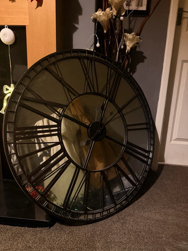 Extra Large Clock Mirror Heavy Metal Battery Operated Roman Numerals Home Decor - Image 1 of 2
