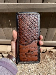 Handmade Cowboy Riding Horse basket weaved Leather Tooled long bifold Wallet - Picture 1 of 9