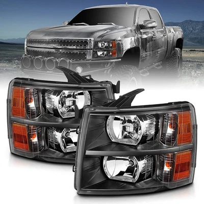Juego de faros de cristal con lente transparente para Chevrolet Silverado 2500 HD 2007-14 [Negro] Foto 1 de 4