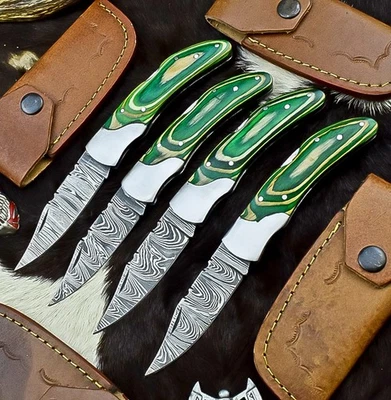 Lote de 4 CUCHILLOS PLEGABLES DE BOLSILLO DE ACERO DAMASCO, CUCHILLOS DE BOLSILLO CON FUNDA Z-2049 Foto 1 de 4