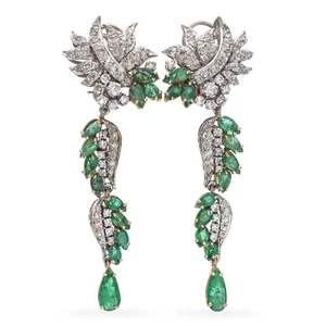 Vintage Yellow and White Gold Diamond and Emerald Statement Drop Earrings - Picture 1 of 6