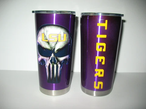 LSU Tigers Football Baseball Punisher vinyl epoxy sealed 20oz Boelter Tumbler Cover