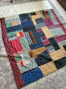 Vintage Crazy Quilt 83x65" Patchwork Blanket stitch Green brown burgundy - Picture 1 of 18