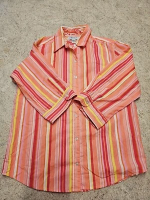 Camisa de vestir Haband para mujer naranja, rosa y amarillo a rayas manga 3/4 talla S Foto 1 de 4