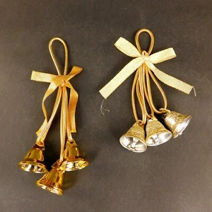 Vintage Gold Tone Lot 2 Christmas 3 Bell Ornaments with Clappers - Picture 1 of 5