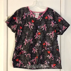 Breast Cancer Awareness ScubStar Womens Nurse Medical Scrub Top Lg Hearts Chemo - Picture 1 of 6