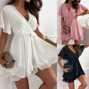 Women Summer Butterfly Sleeve V Neck Chiffon A-Line Sundresses Mini Dresses US - Picture 1 of 25