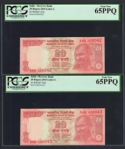 India 2 Notes Consecutive 20 Rupees 2016 P103t Letter L S/000042/43 UNC Grade 65 - Picture 1 of 2