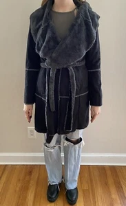 NEW Faux Fur Suede Tie-Waist Coat, Paparazzi by Biz, Women’s Small, Black & Gray - Picture 1 of 10