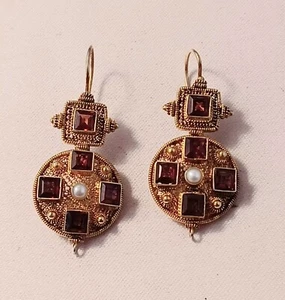 Beautiful 925 Gold Colored Sterling Dangle Rubies & Pearl Earrings - Picture 1 of 3
