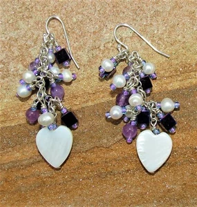 Earrings / Mother of Pearl Amethyst 925 Sterling Silver Heart Chandeliers - Picture 1 of 5