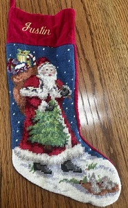 Needlepoint Wool Santa & Reindeer Christmas Stocking With name Lucas 13” Vintage - Picture 1 of 5
