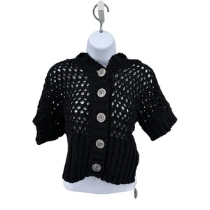 Free People Open Knit Cardigan Black Sweater Button Up XS Hooded WMNs Sheer SS - Picture 1 of 7