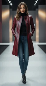 Handmade Maroon Long Leather Coat – Double-Toned Women’s Winter Trench - Picture 1 of 6