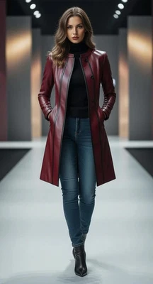 Handmade Maroon Long Leather Coat – Double-Toned Women’s Winter Trench - Image 1 of 4